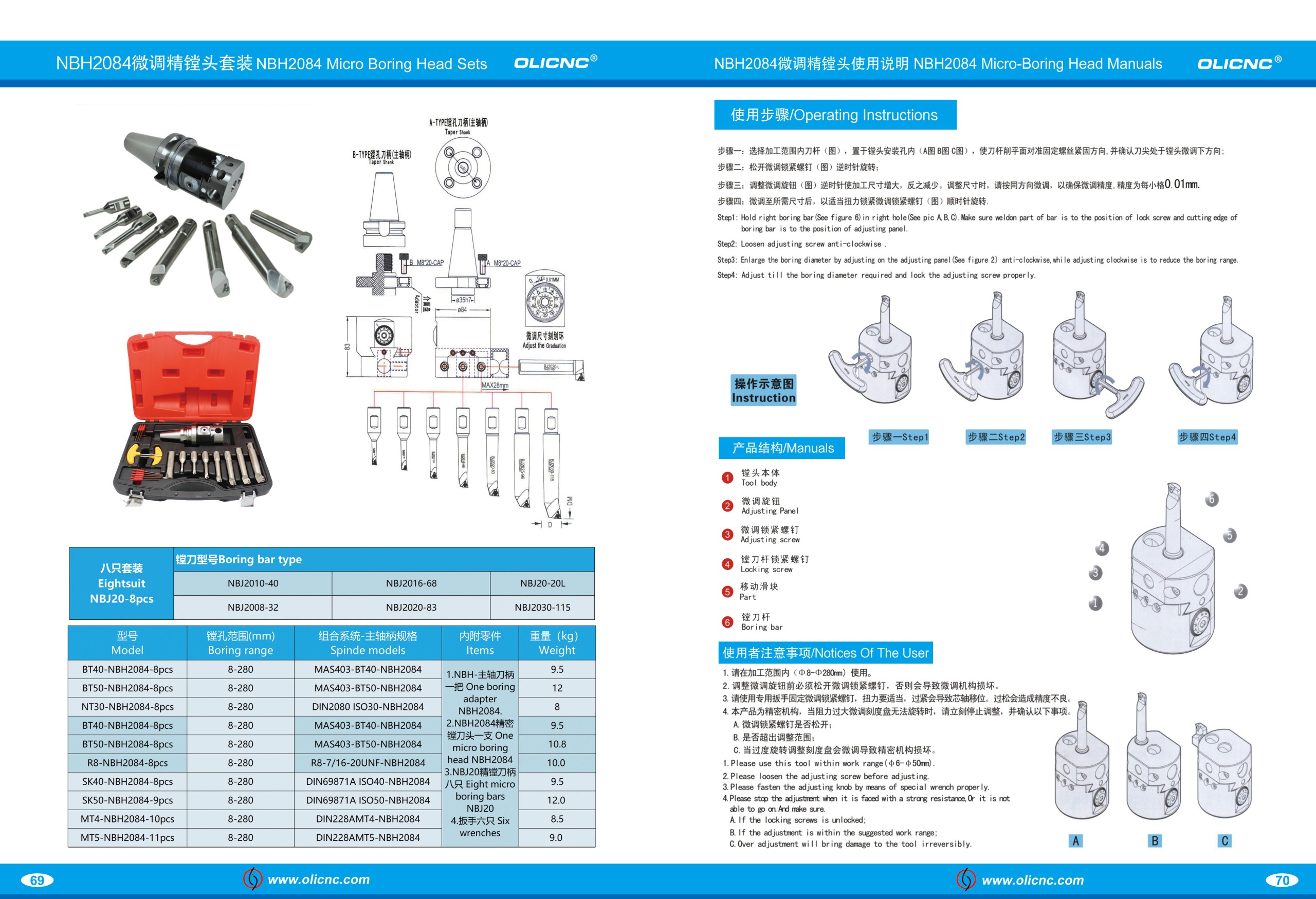 OLICNC NBH2084 high precision boring head set 0.005mm precision adjustable boring head with BT30 BT40 BT50 NT30 NT40 NT50 boring chuck - NBH2084 Boring heads sets - 1