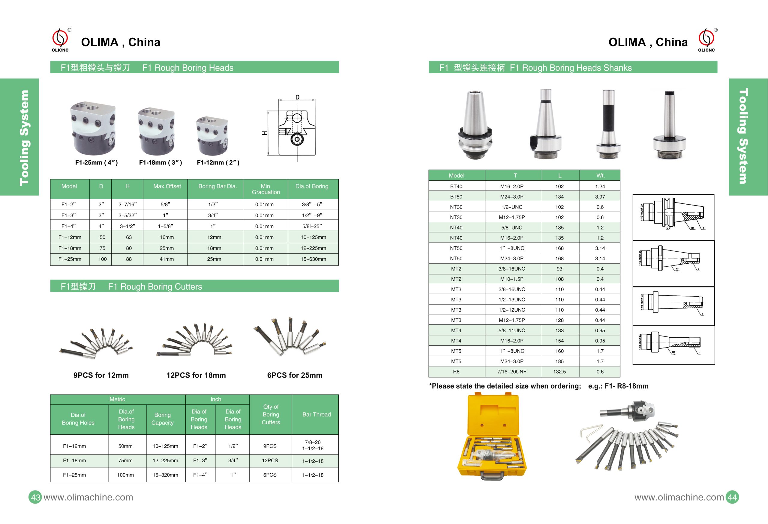 OLICNC F1-18mm 7PCS INTERCHANGEABLE Boring Bar for Boirng Head Shanks - F1 Boring Heads & sets - 1