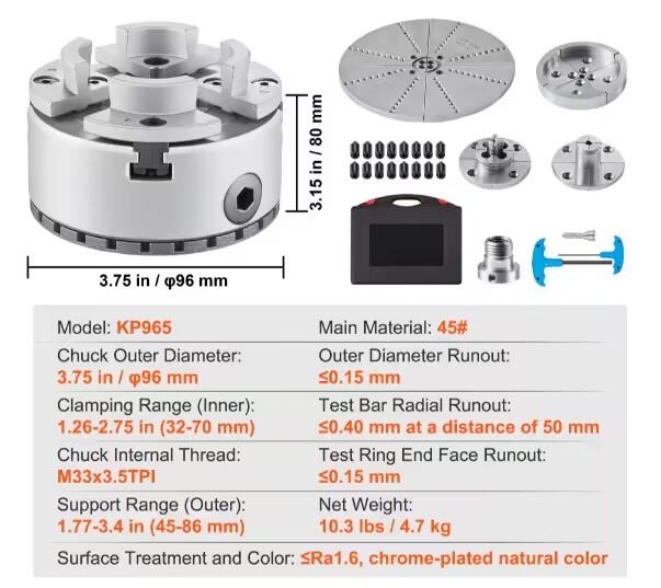 OLICNC Wood Turning Lathe Chuck 3.75 Inch 4 Jaw Self Centering Chuck for Wood Lathe - Lathe Chucks Series - 1